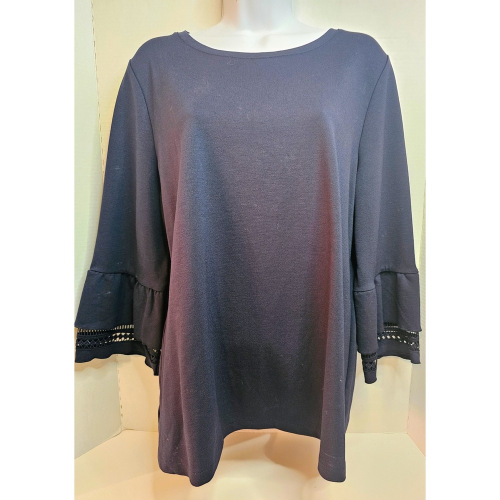 Ann Taylor Navy Blue Bell Sleeve‎ Crochet Trim Knit Top SZ L Heavy Knit EUC